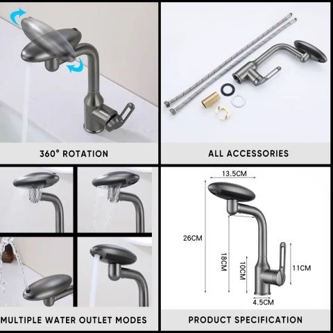 شیر روشویی سه حالته ۳۶۰ درجه رنگ دودی HuaDiao