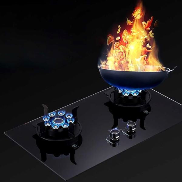 گاز صفحهای JEC دو شعله تاشو مدل اتمی شیشهای در حالت باز و زیبایی مینیمال