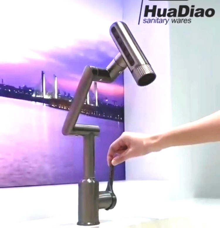 شیر روشویی ۳۶۰ درجه Huadiao رنگ دودی با ۶ حالت پاشش آب