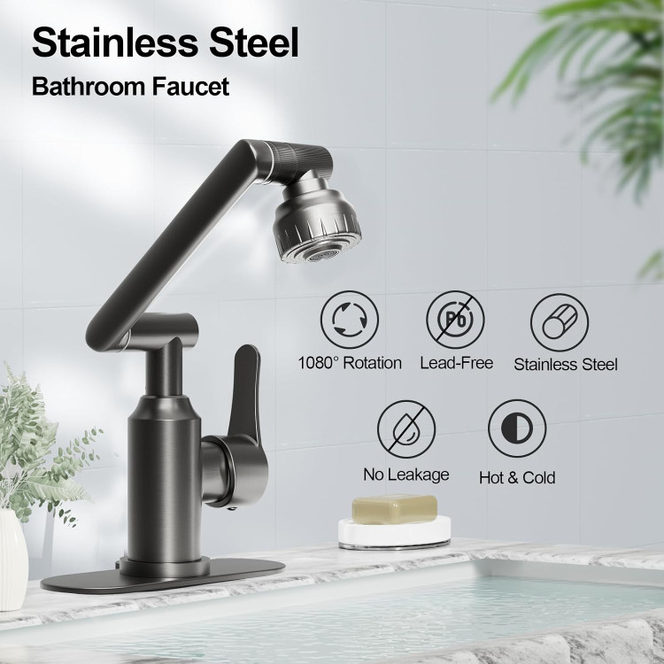 نمای نصب شده شیر روشویی ۳۶۰ درجه روی روشویی کابینتی