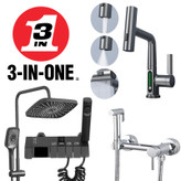 پک شیرآلات دیجیتال لوکس سه تکه شامل شیر ظرفشویی چهارحالته، دوش پیانویی LED و شیر توالت