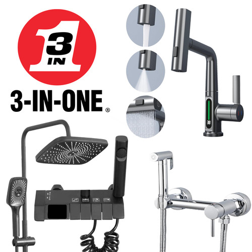 پک شیرآلات دیجیتال لوکس سه تکه شامل شیر ظرفشویی چهارحالته، دوش پیانویی LED و شیر توالت