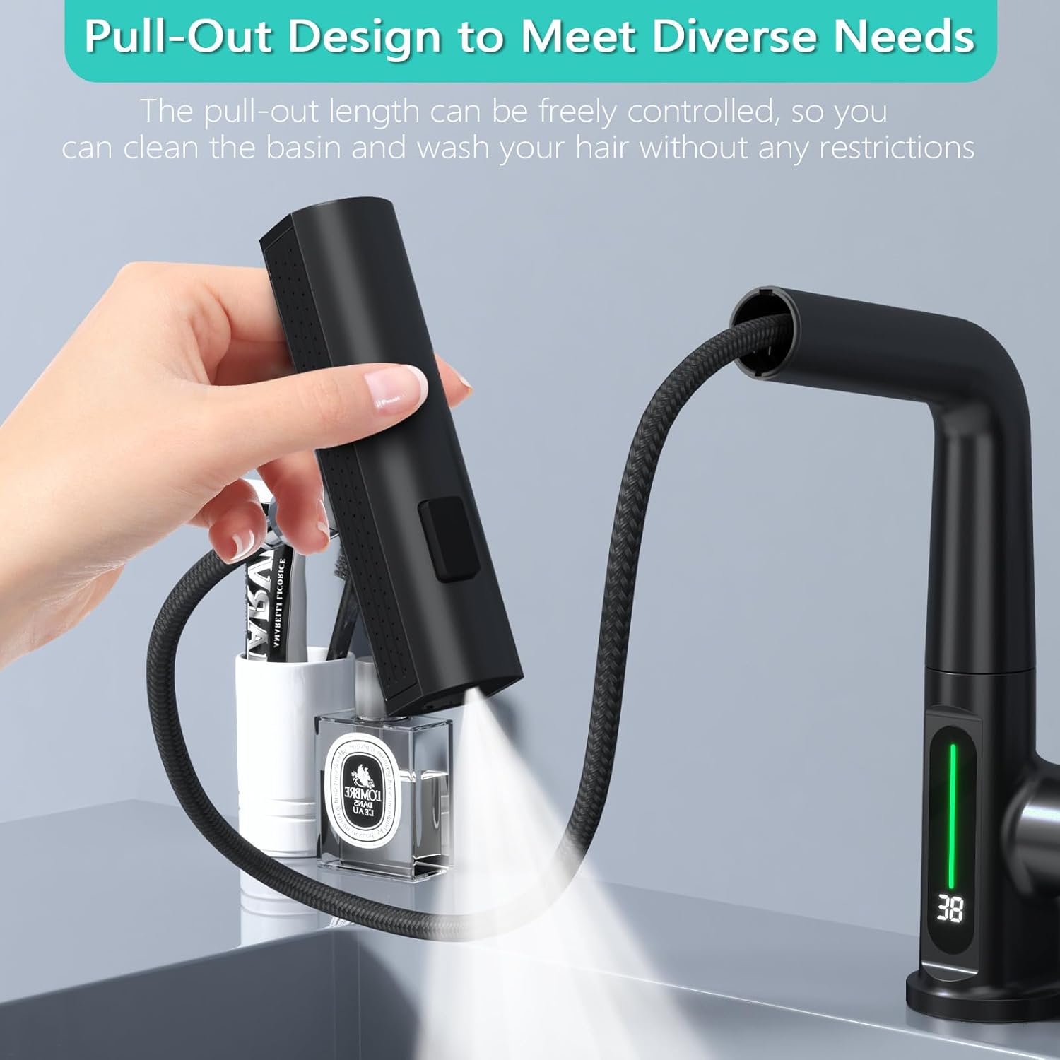 پک شیرآلات دیجیتال لوکس سه تکه شامل شیر ظرفشویی چهارحالته، دوش پیانویی LED و شیر توالت