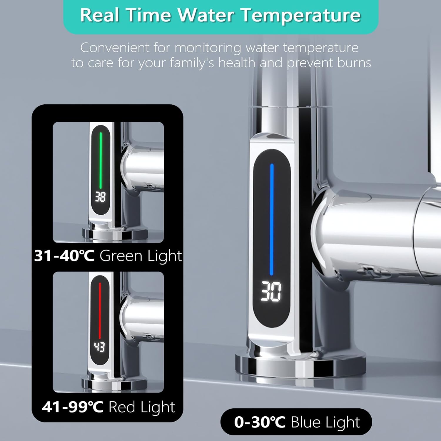 شیر ظرفشویی هوشمند با نمایشگر دمای آب و طراحی مدرن آشپزخانه