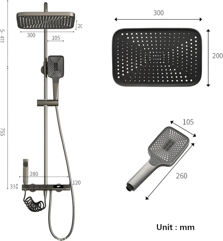 تصویر دوش حمام پیانویی بدون رسوب با ابعاد نصب