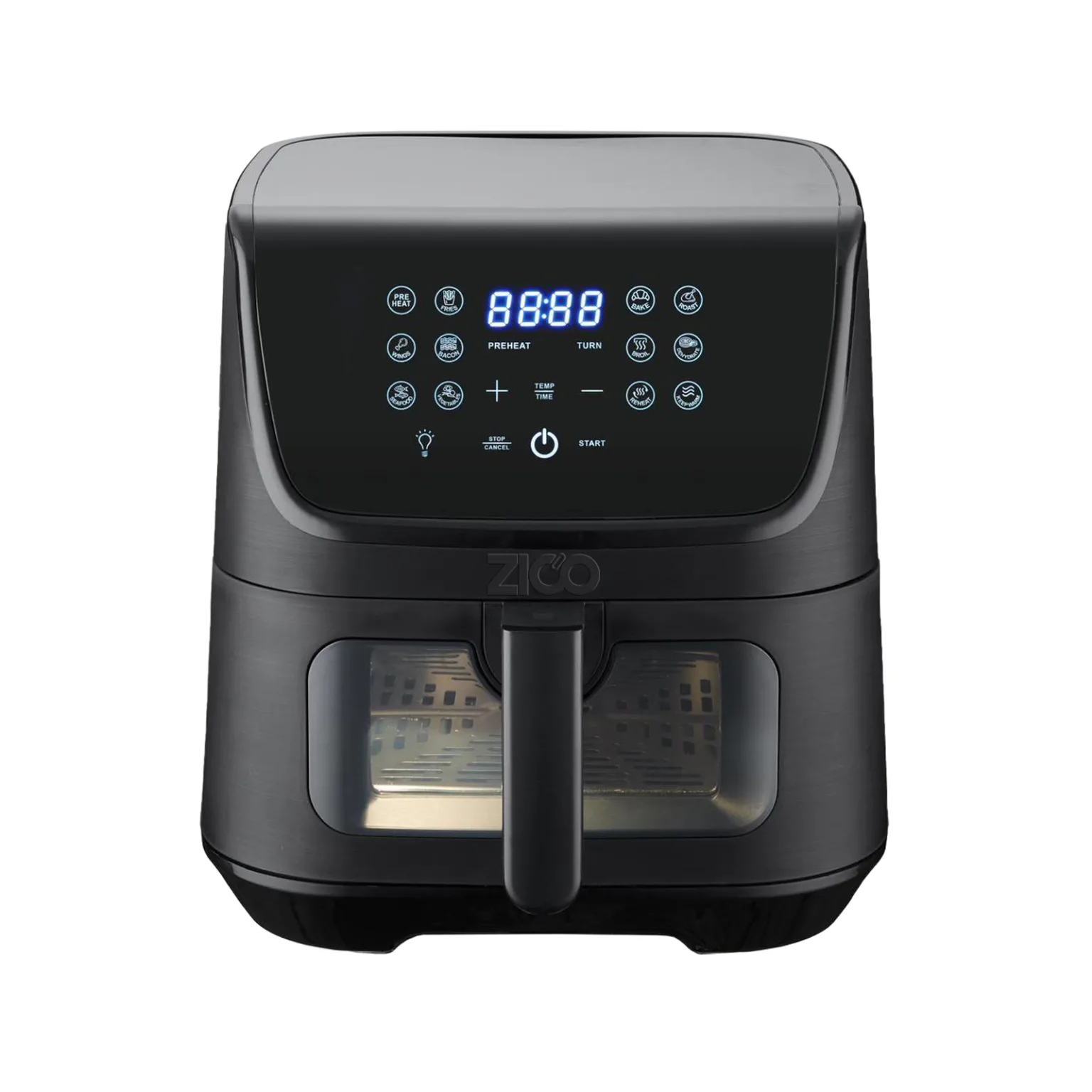 نمای جلوی سرخ کن بدون روغن زیکو ZC-9076 با صفحه نمایش دیجیتال و پکیج کامل ظروف