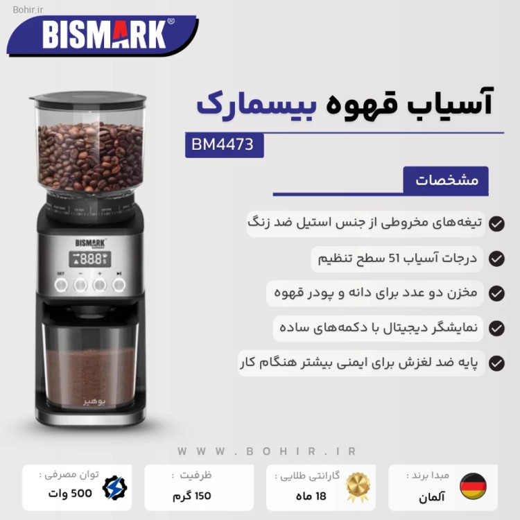پنل LED آسیاب قهوه بیسمارک با تنظیمات دقیق آسیاب